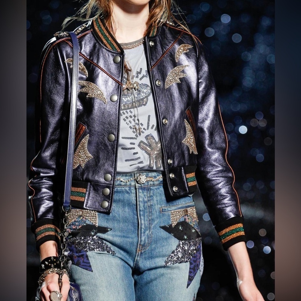 Coach Shrunken Leather Varsity Jacket In Metallic Cadet Blue I Size 2 - Picture 2 of 16